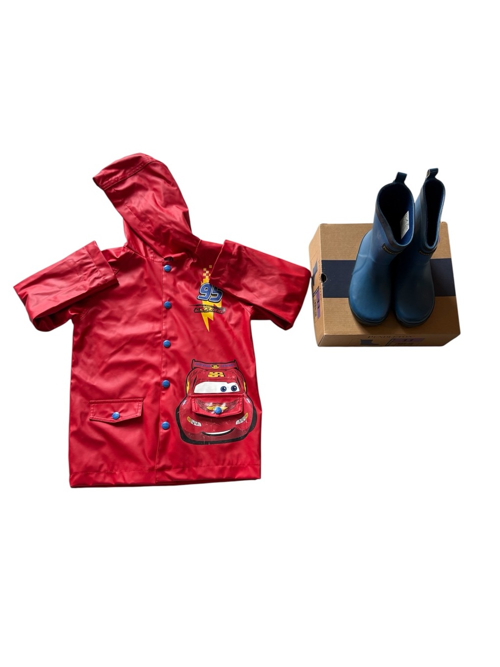 Red Lightning McQueen Kids Raincoat with Pendleton Blue Rain Boots